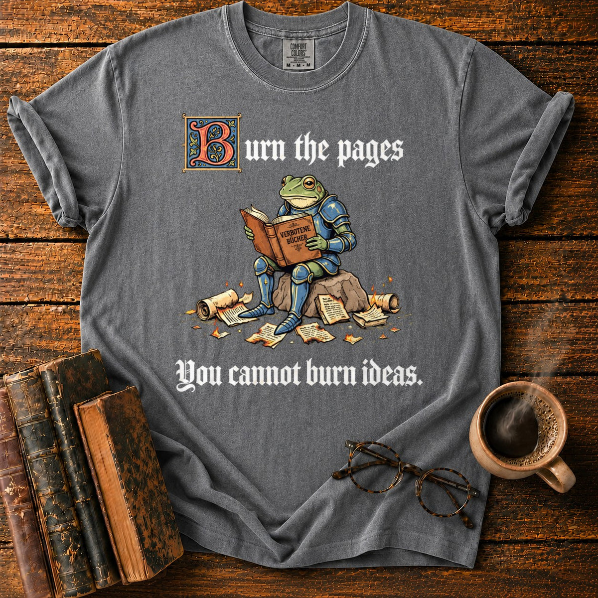 Armored Frog Reading An Ornate Book T-Shirt in Pepper – BooksThreads