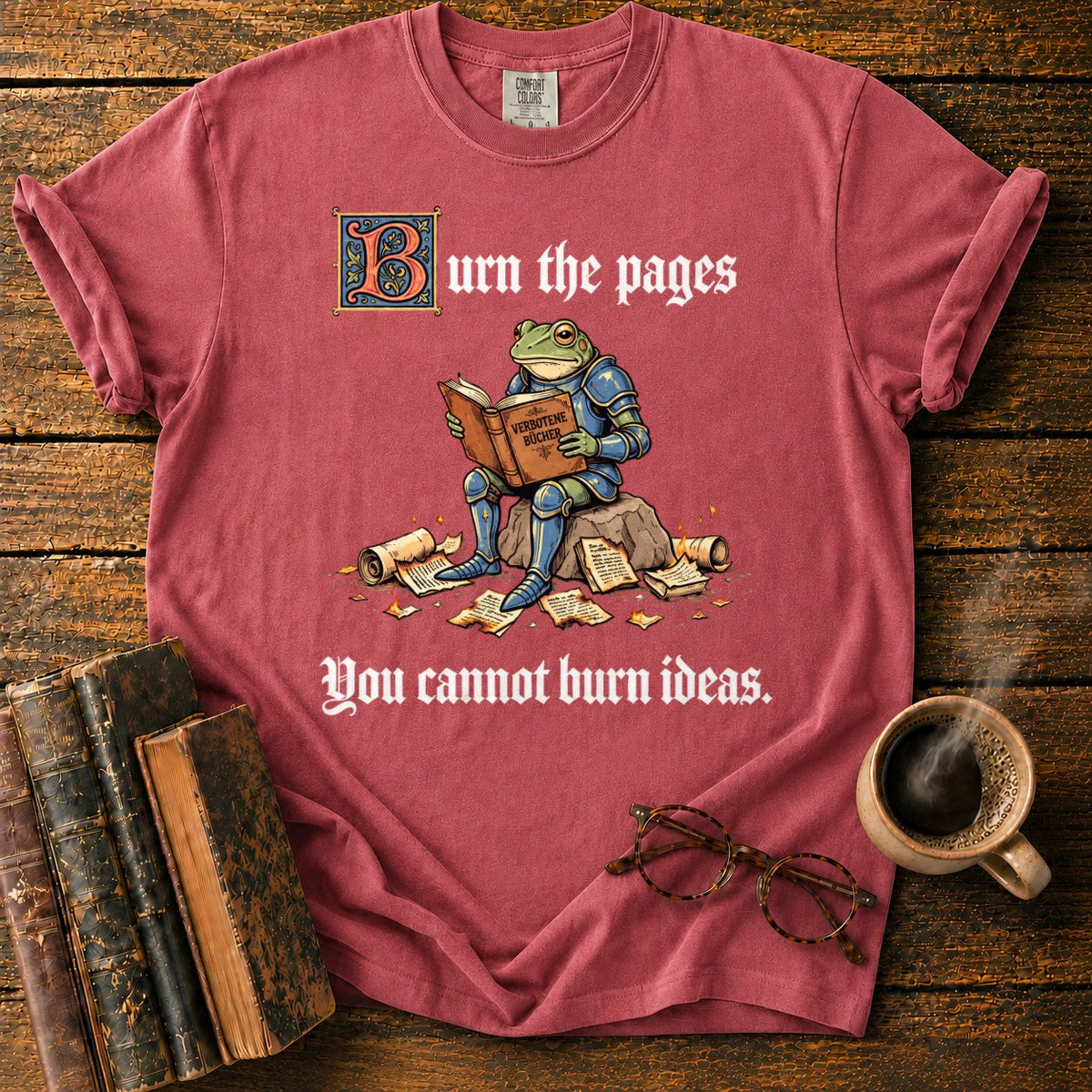 Armored Frog Reading An Ornate Book T-Shirt in Watermelon – BooksThreads