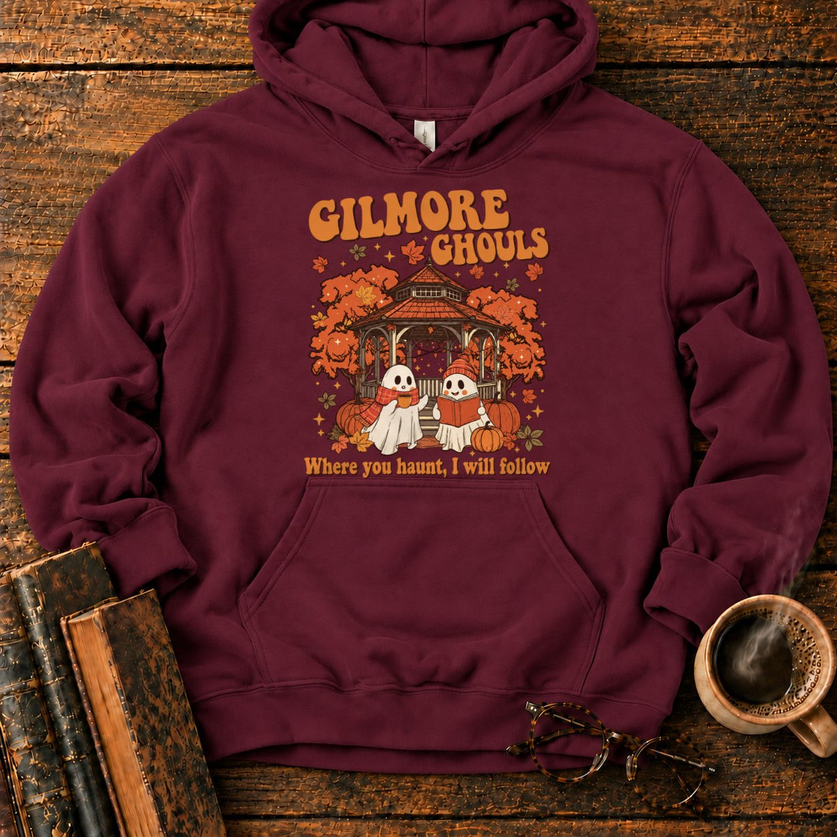 Autumn Ghosts At The Rustic Gazebo Hoodie in Maroon – BooksThreads