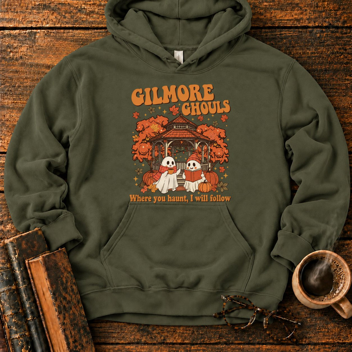 Autumn Ghosts At The Rustic Gazebo Hoodie in Military Green – BooksThreads
