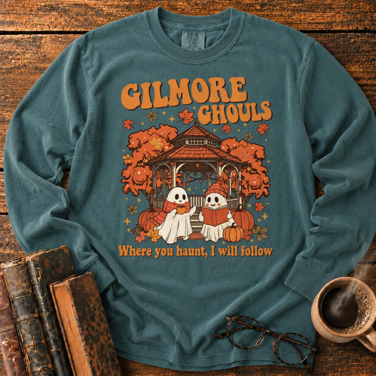Autumn Ghosts At The Rustic Gazebo LS T-Shirt in Blue Spruce – BooksThreads