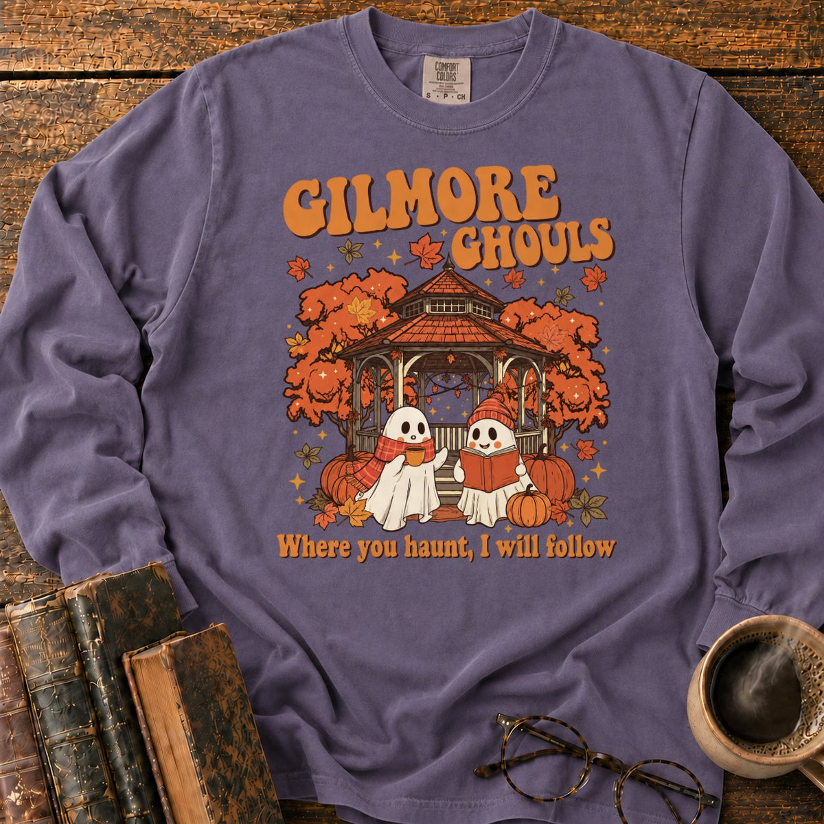 Autumn Ghosts At The Rustic Gazebo LS T-Shirt in Grape – BooksThreads