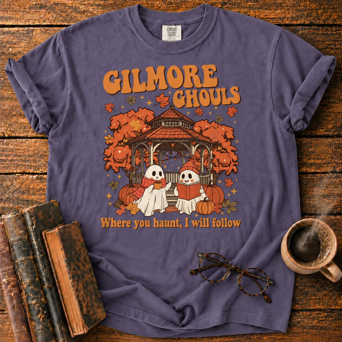 Autumn Ghosts At The Rustic Gazebo T-Shirt in Grape – BooksThreads