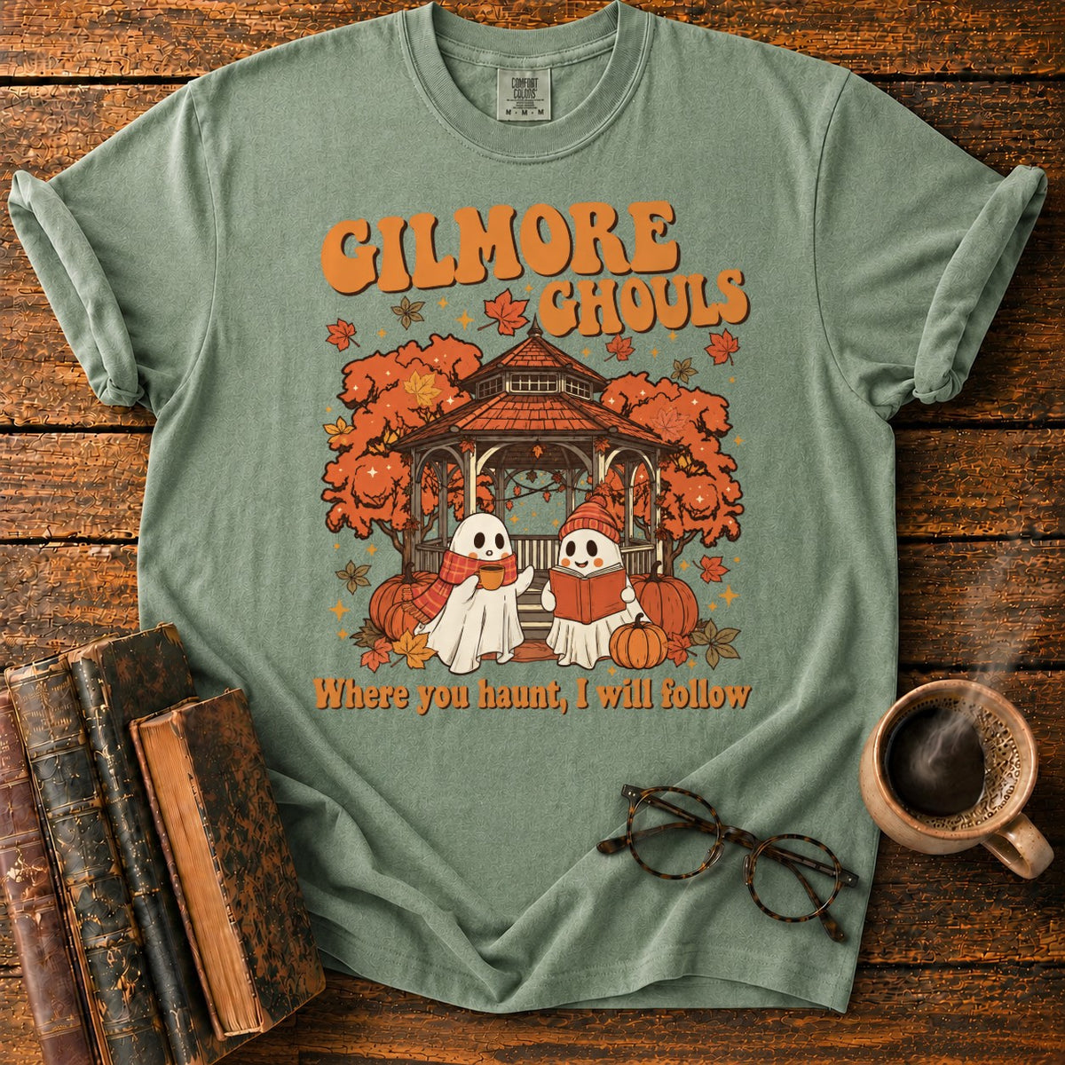 Autumn Ghosts At The Rustic Gazebo T-Shirt in Moss – BooksThreads