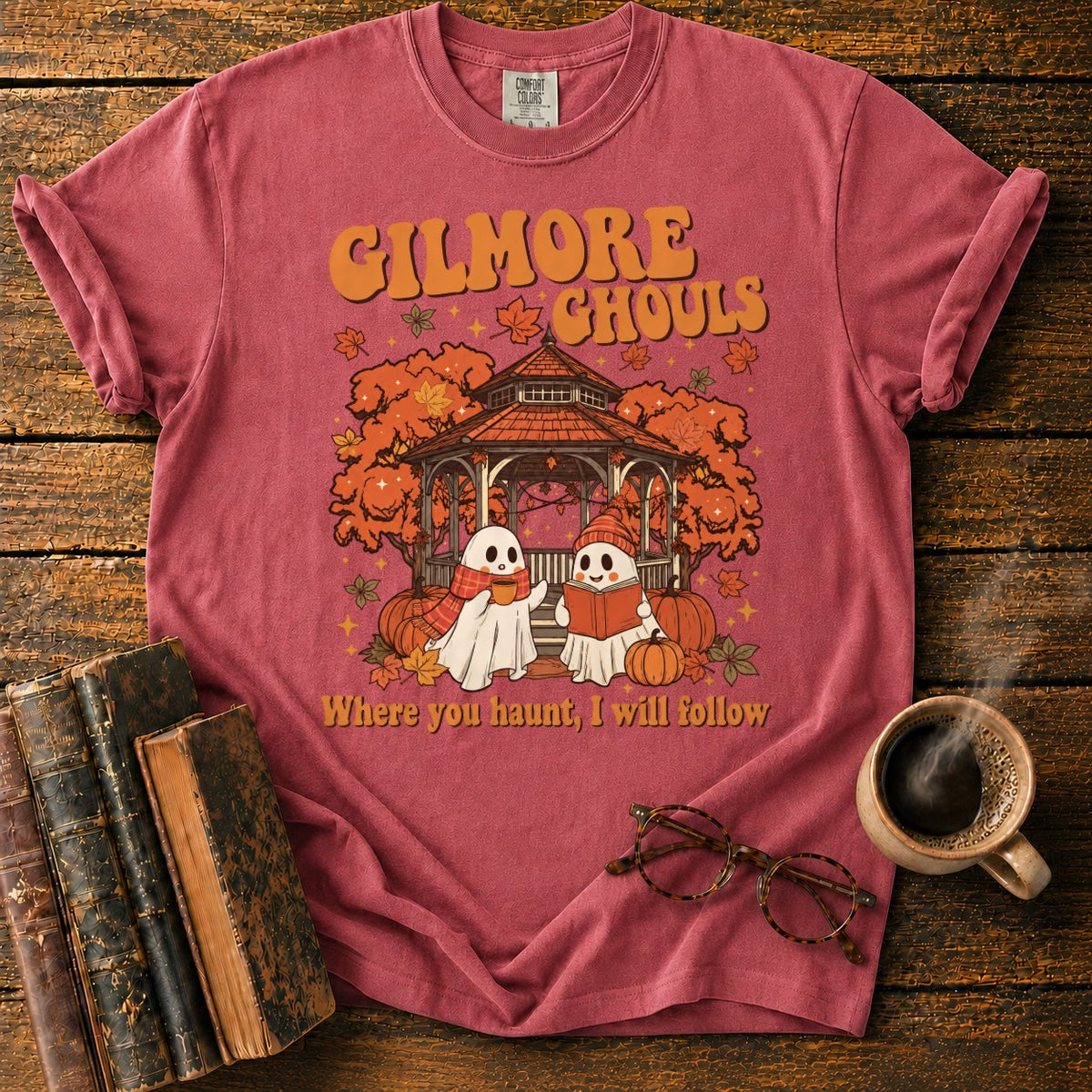 Autumn Ghosts At The Rustic Gazebo T-Shirt in Watermelon – BooksThreads