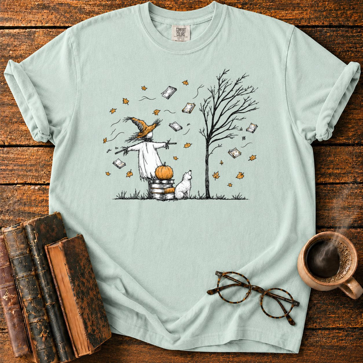 Autumn Scarecrow And Flying Books T-Shirt in Bay – BooksThreads