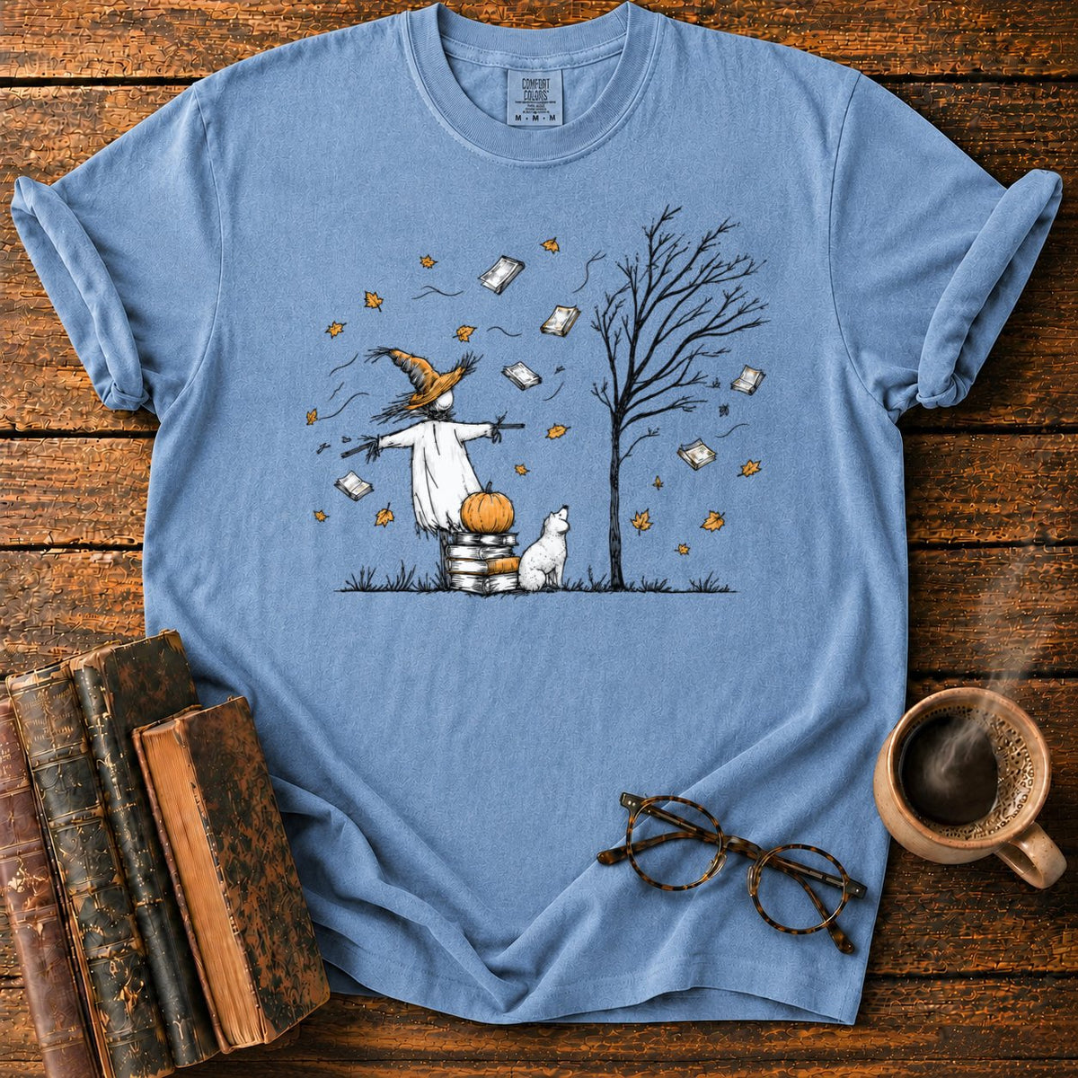 Autumn Scarecrow And Flying Books T-Shirt in Blue Jean – BooksThreads
