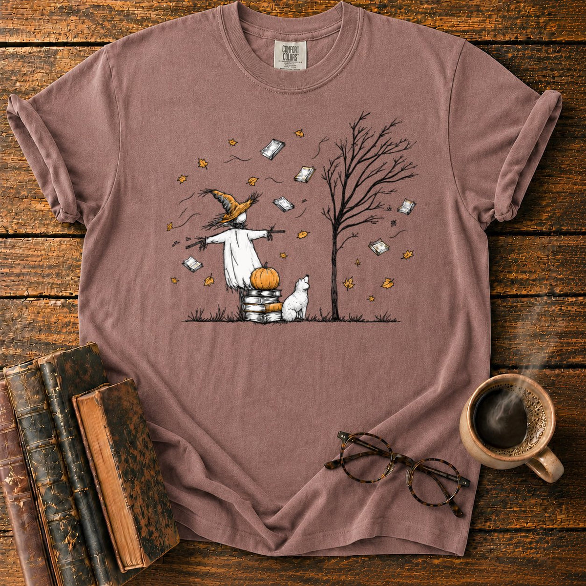 Autumn Scarecrow And Flying Books T-Shirt in Espresso – BooksThreads
