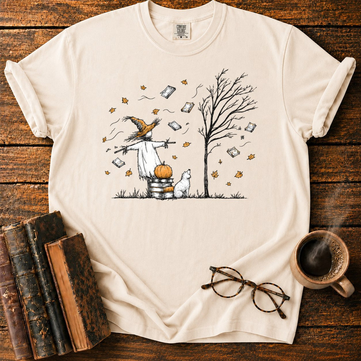 Autumn Scarecrow And Flying Books T-Shirt in Ivory – BooksThreads