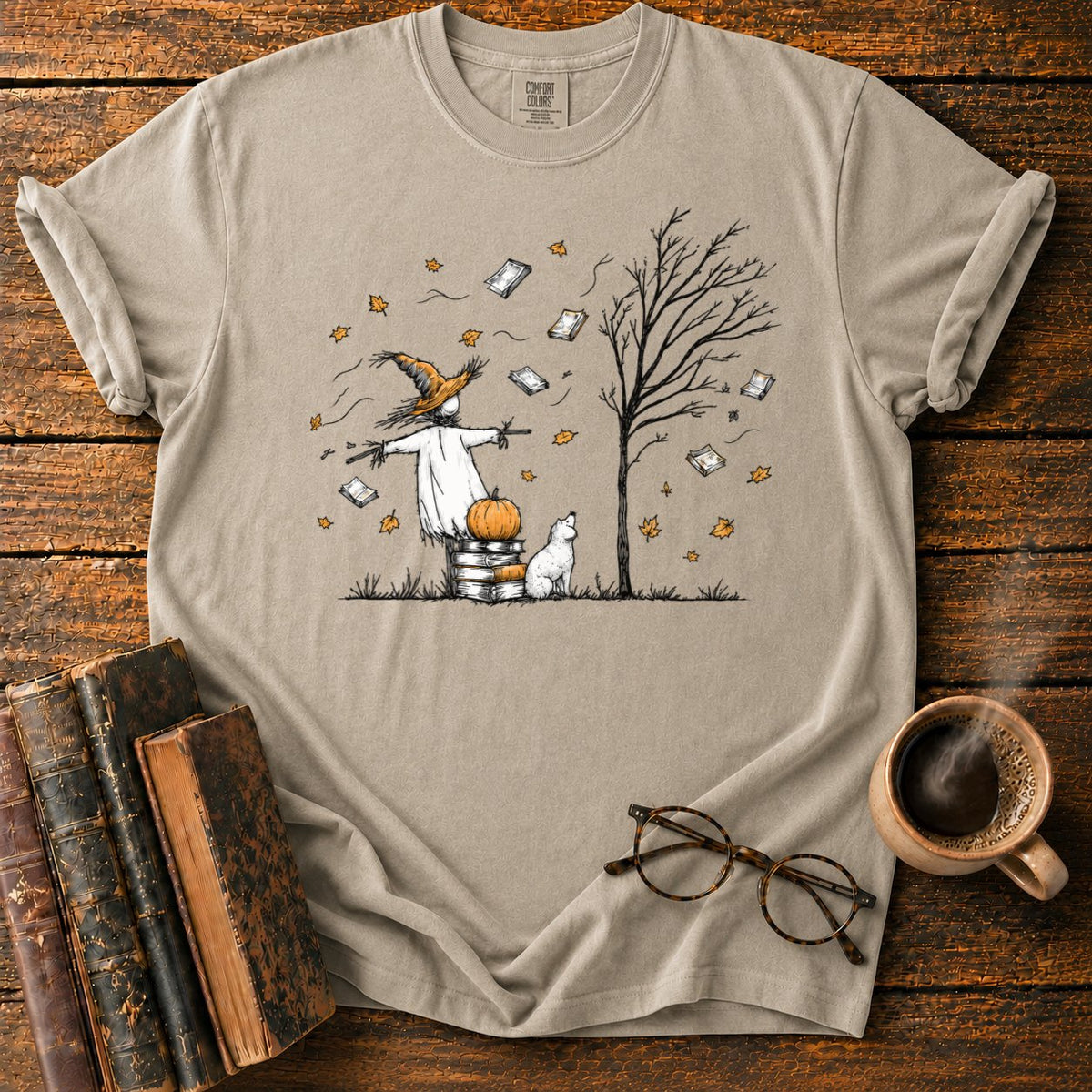 Autumn Scarecrow And Flying Books T-Shirt in Khaki – BooksThreads