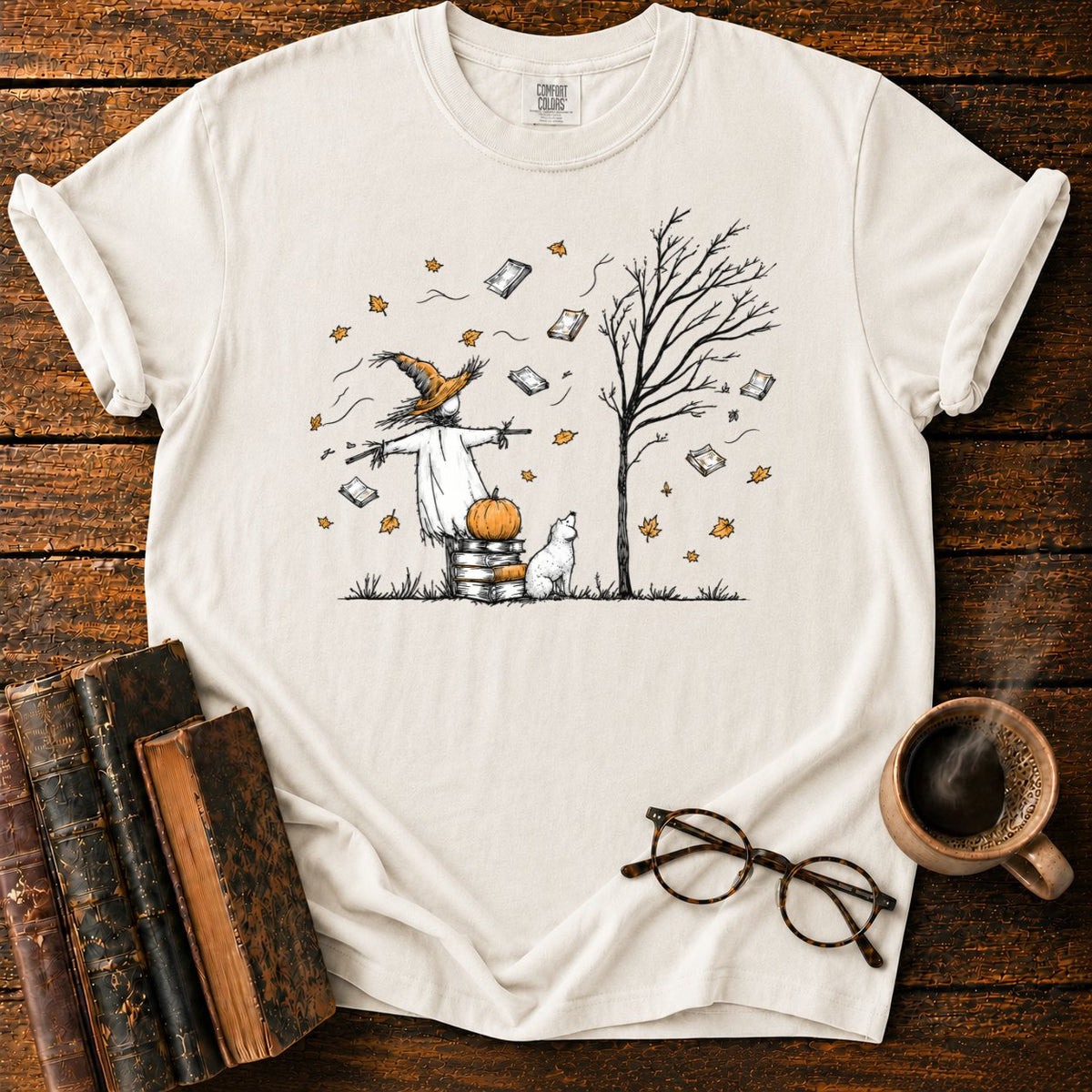 Autumn Scarecrow And Flying Books T-Shirt in White – BooksThreads