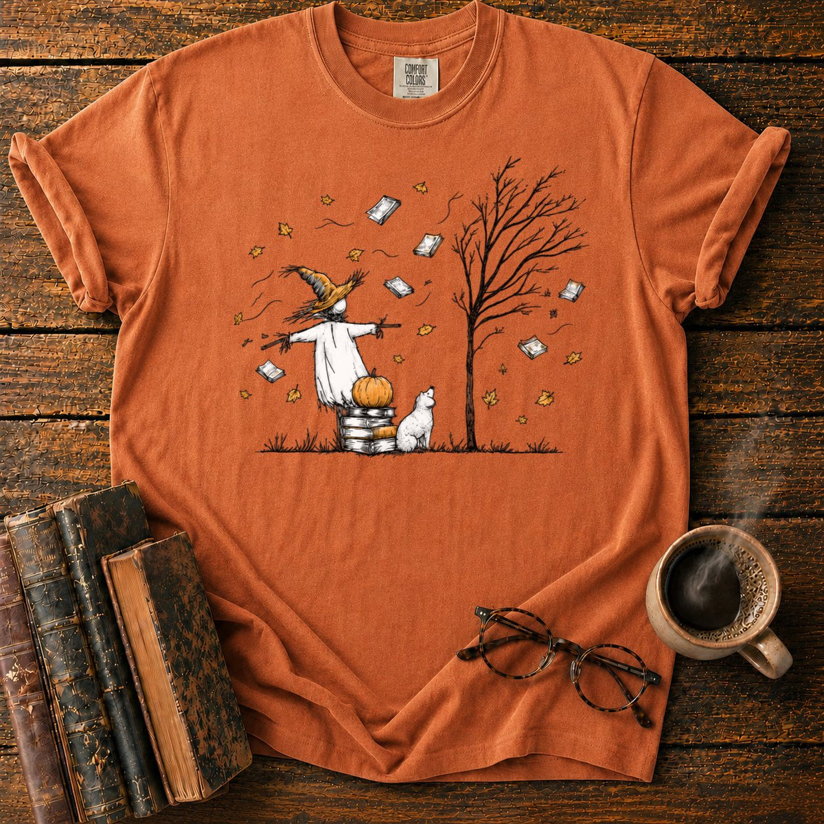 Autumn Scarecrow And Flying Books T-Shirt in Yam – BooksThreads
