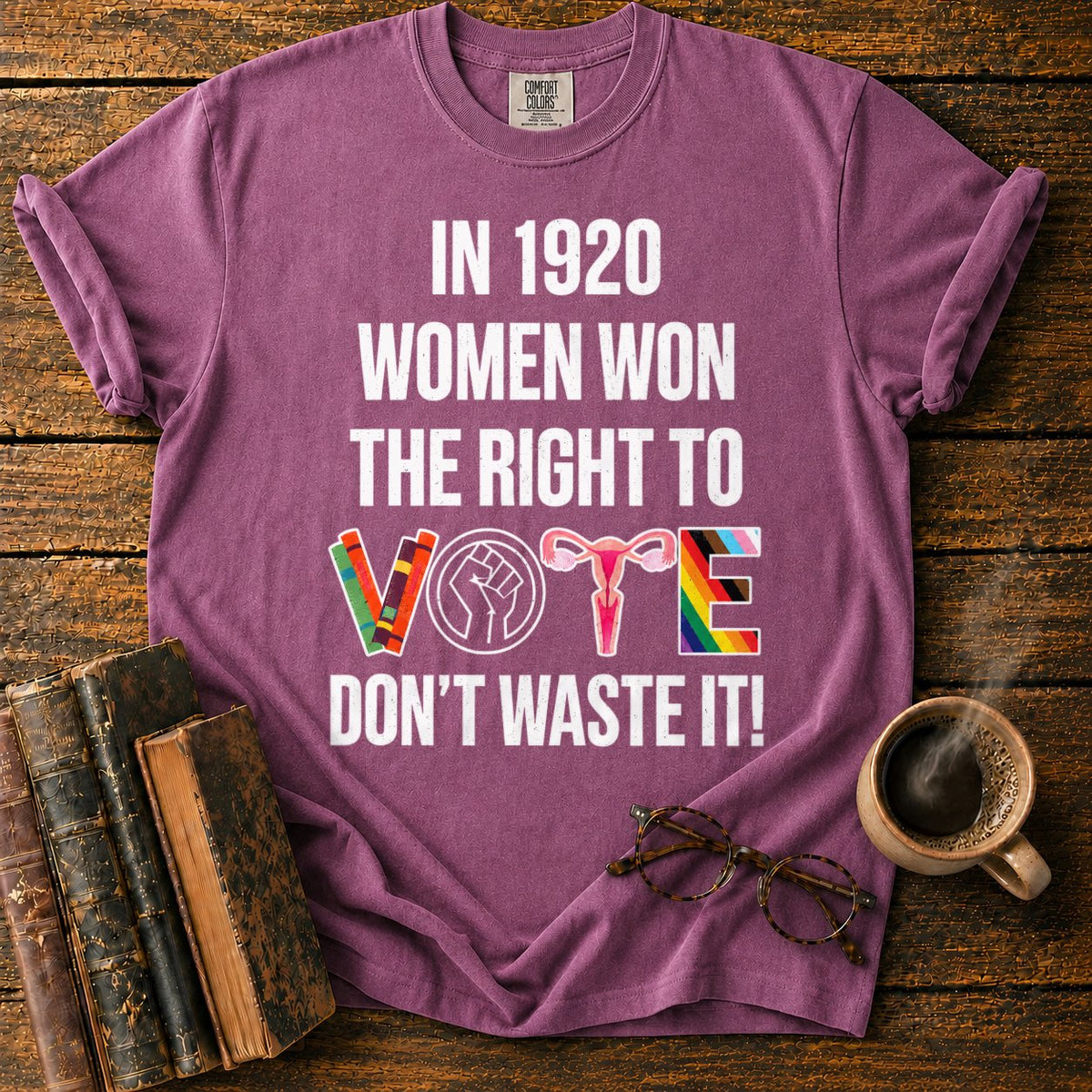 Banner With Colorful Vote Emblem T-Shirt in Berry – BooksThreads
