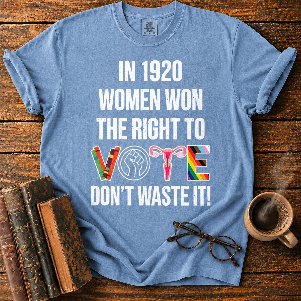 Banner With Colorful Vote Emblem T-Shirt in Blue Jean – BooksThreads