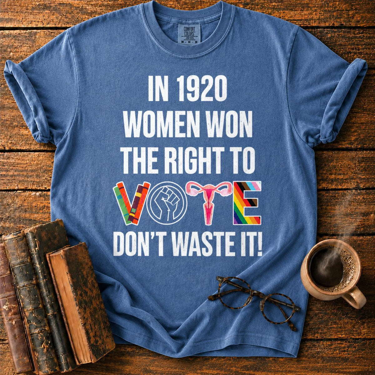 Banner With Colorful Vote Emblem T-Shirt in Denim – BooksThreads