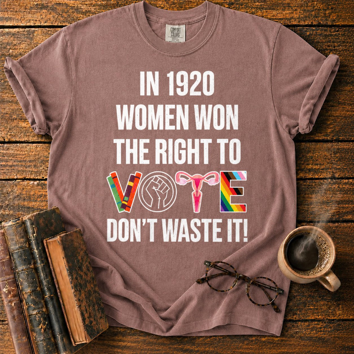 Banner With Colorful Vote Emblem T-Shirt in Espresso – BooksThreads