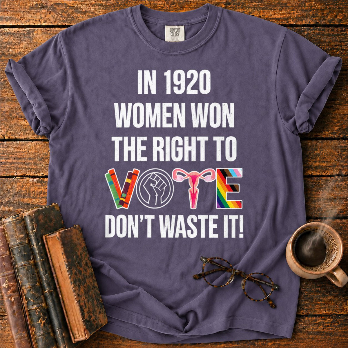 Banner With Colorful Vote Emblem T-Shirt in Grape – BooksThreads