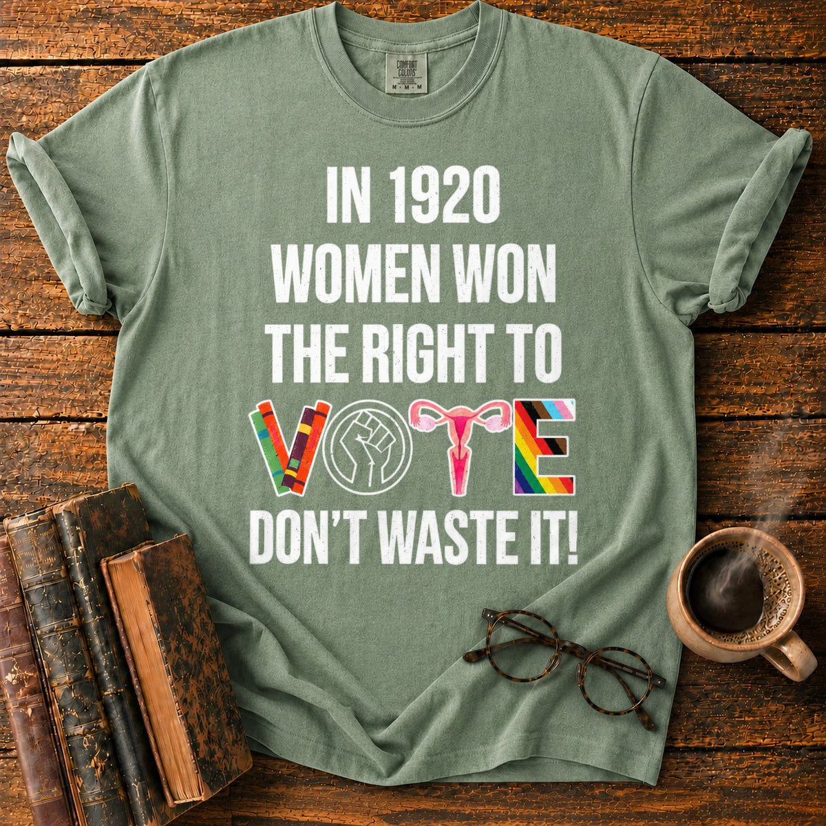 Banner With Colorful Vote Emblem T-Shirt in Moss – BooksThreads