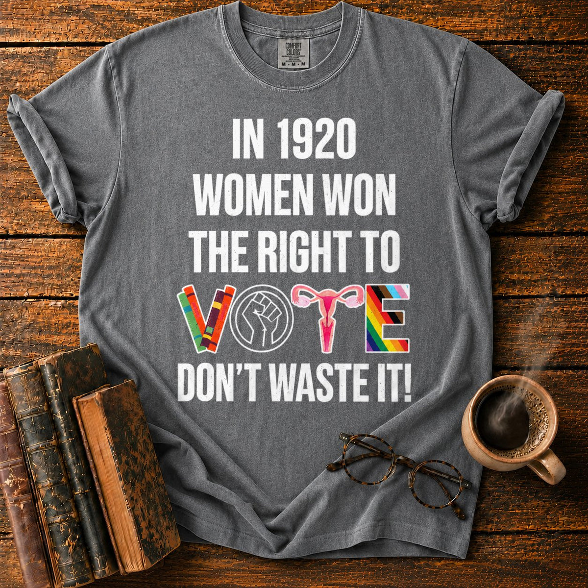 Banner With Colorful Vote Emblem T-Shirt in Pepper – BooksThreads