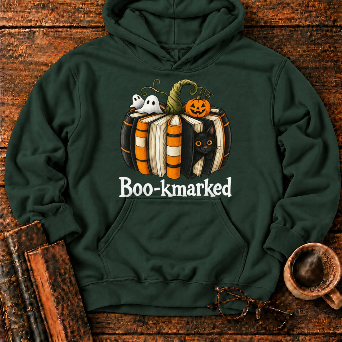 Boo Kmarked Halloween Book Stack Hoodie in Forest Green – BooksThreads