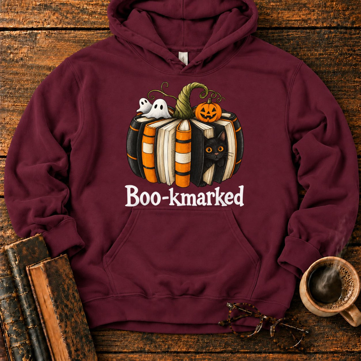 Boo Kmarked Halloween Book Stack Hoodie in Maroon – BooksThreads