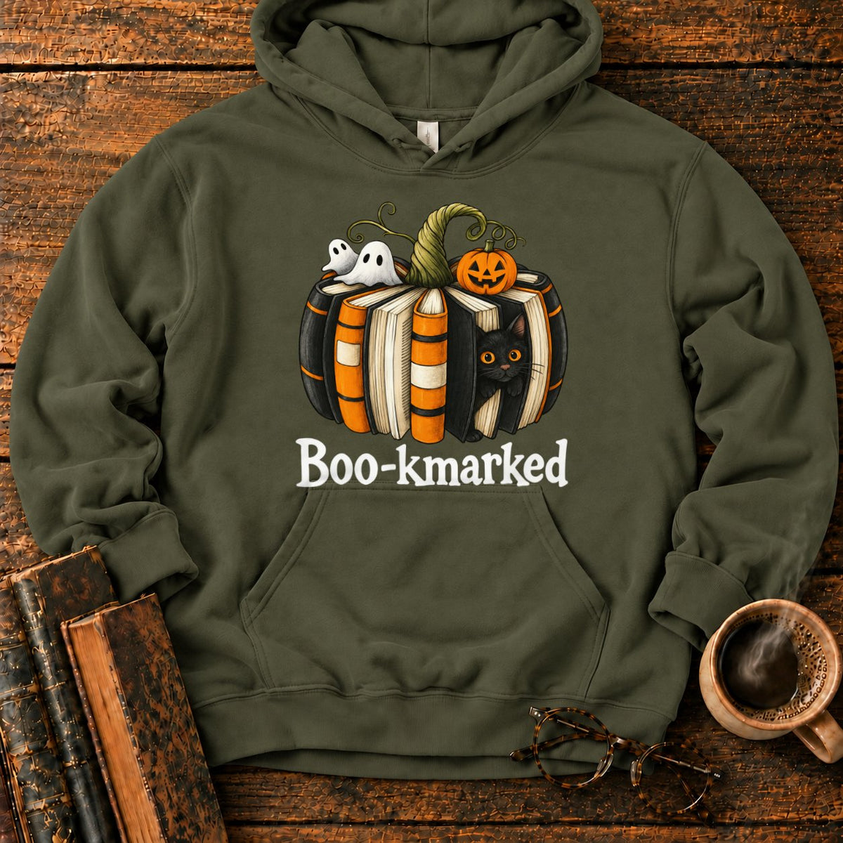 Boo Kmarked Halloween Book Stack Hoodie in Military Green – BooksThreads