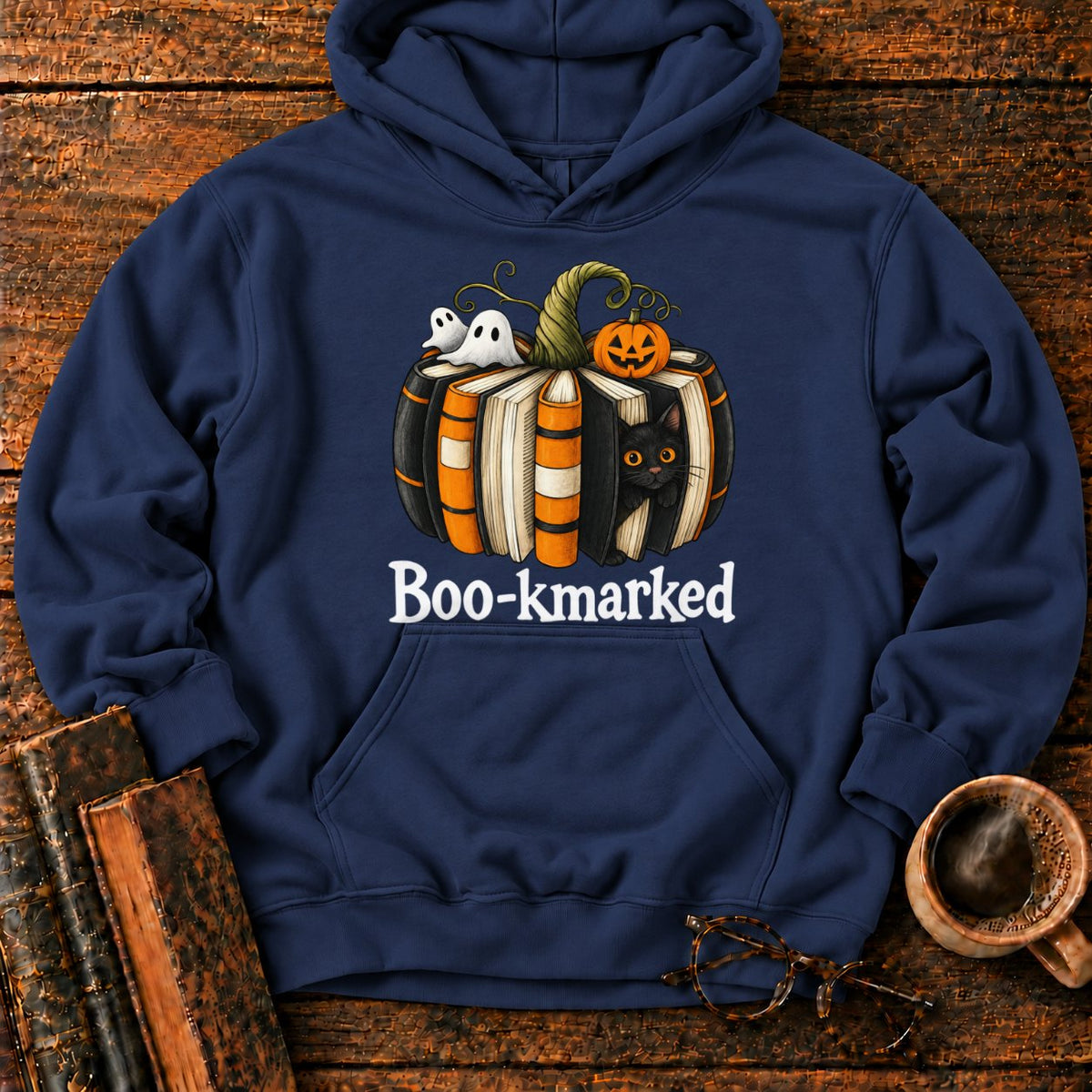 Boo Kmarked Halloween Book Stack Hoodie in Navy – BooksThreads