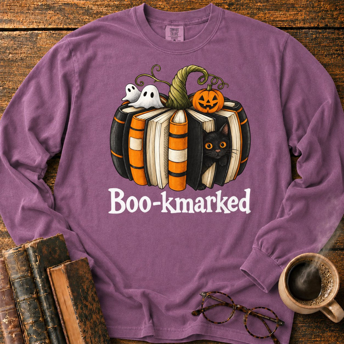 Boo Kmarked Halloween Book Stack LS T-Shirt in Berry – BooksThreads