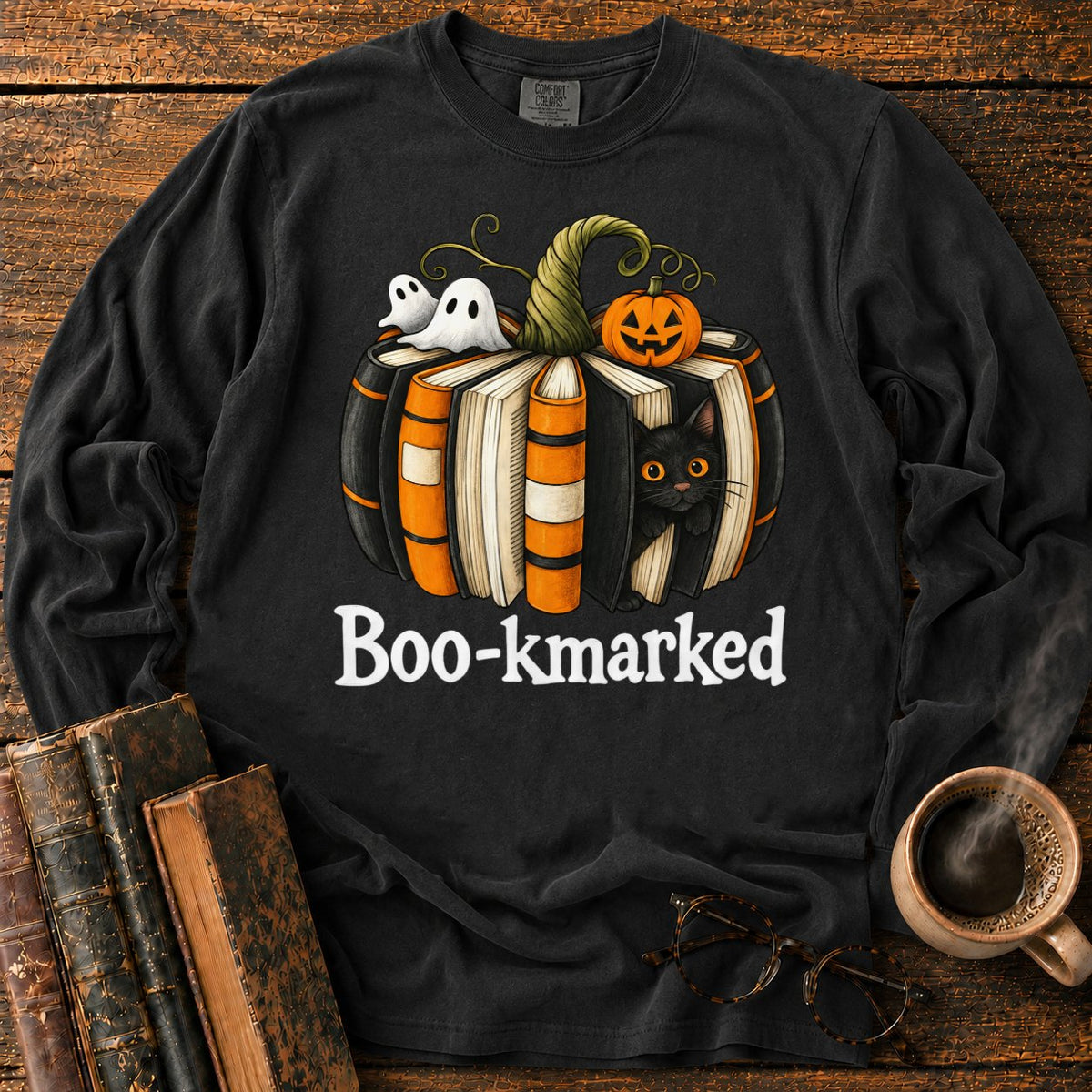 Boo Kmarked Halloween Book Stack LS T-Shirt in Black – BooksThreads