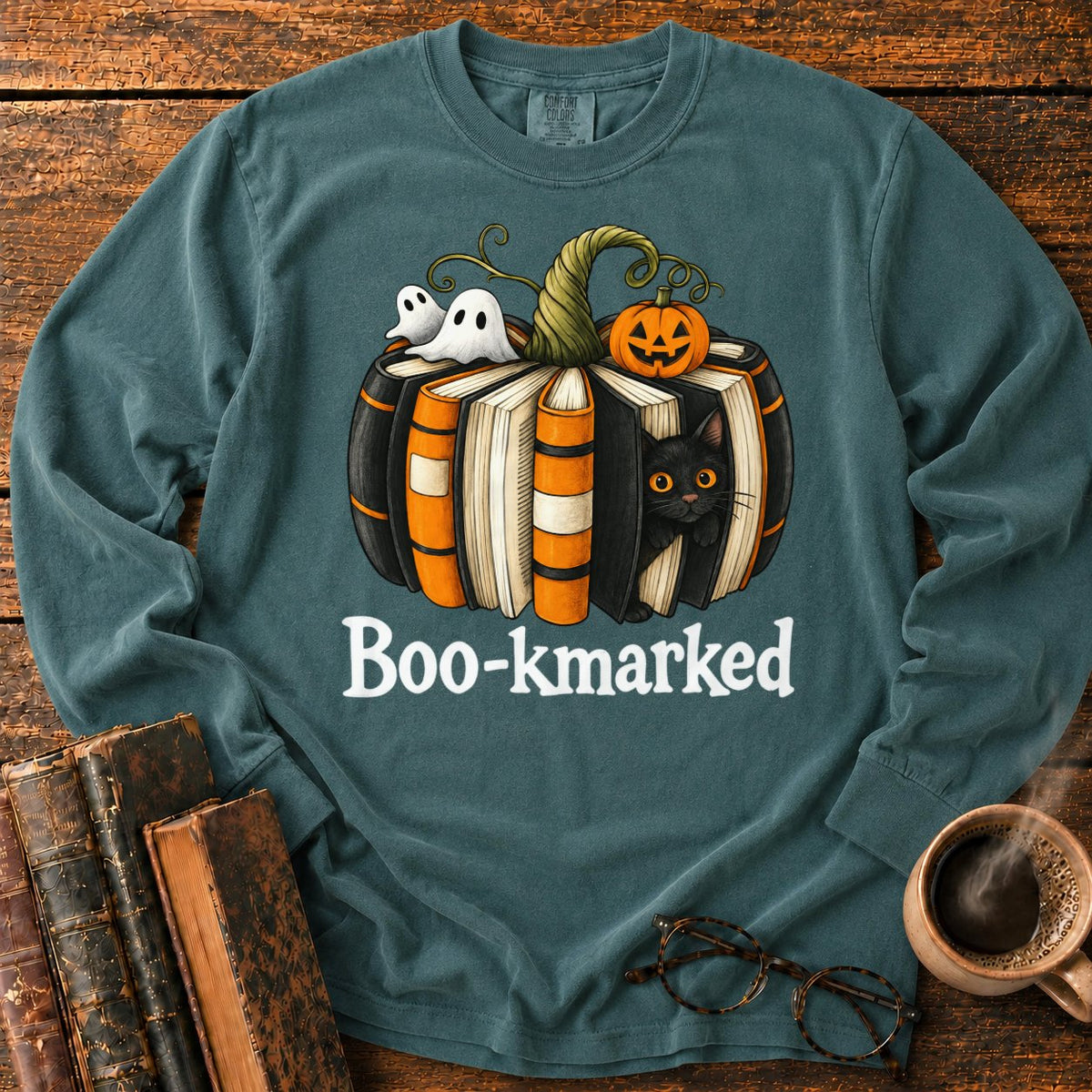 Boo Kmarked Halloween Book Stack LS T-Shirt in Blue Spruce – BooksThreads