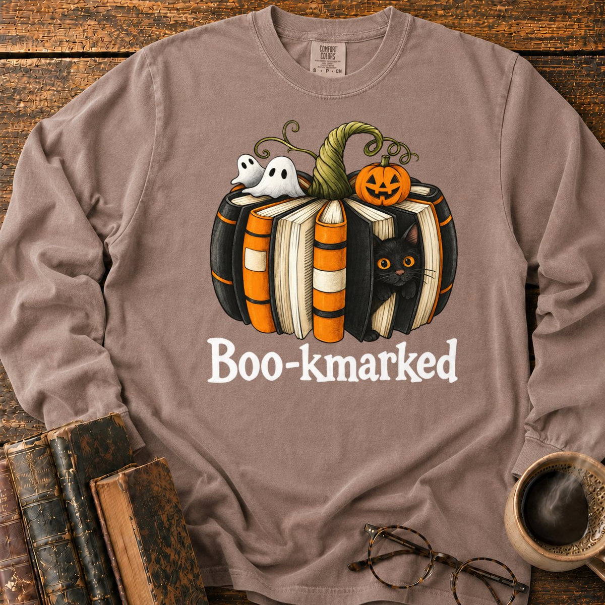 Boo Kmarked Halloween Book Stack LS T-Shirt in Espresso – BooksThreads