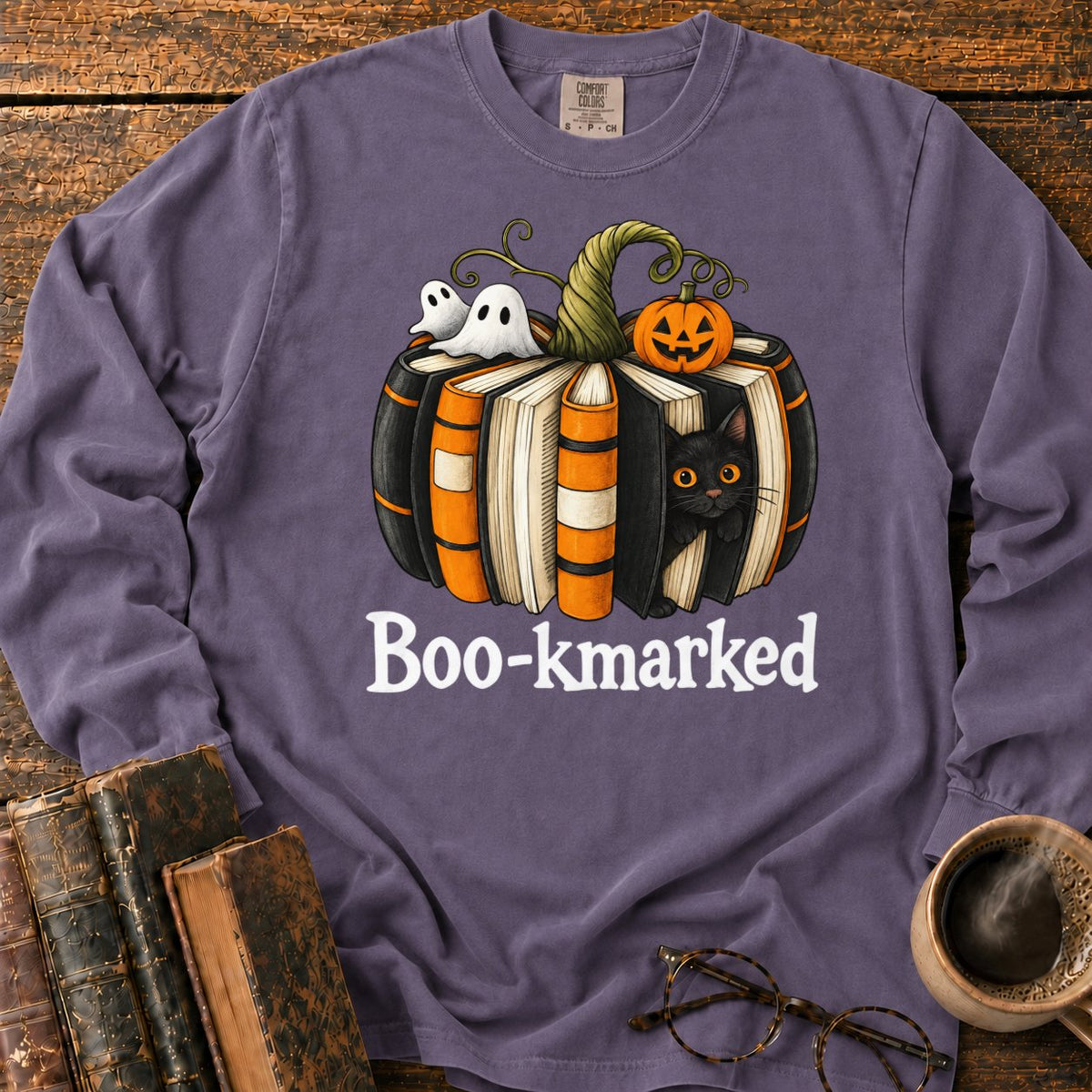 Boo Kmarked Halloween Book Stack LS T-Shirt in Grape – BooksThreads