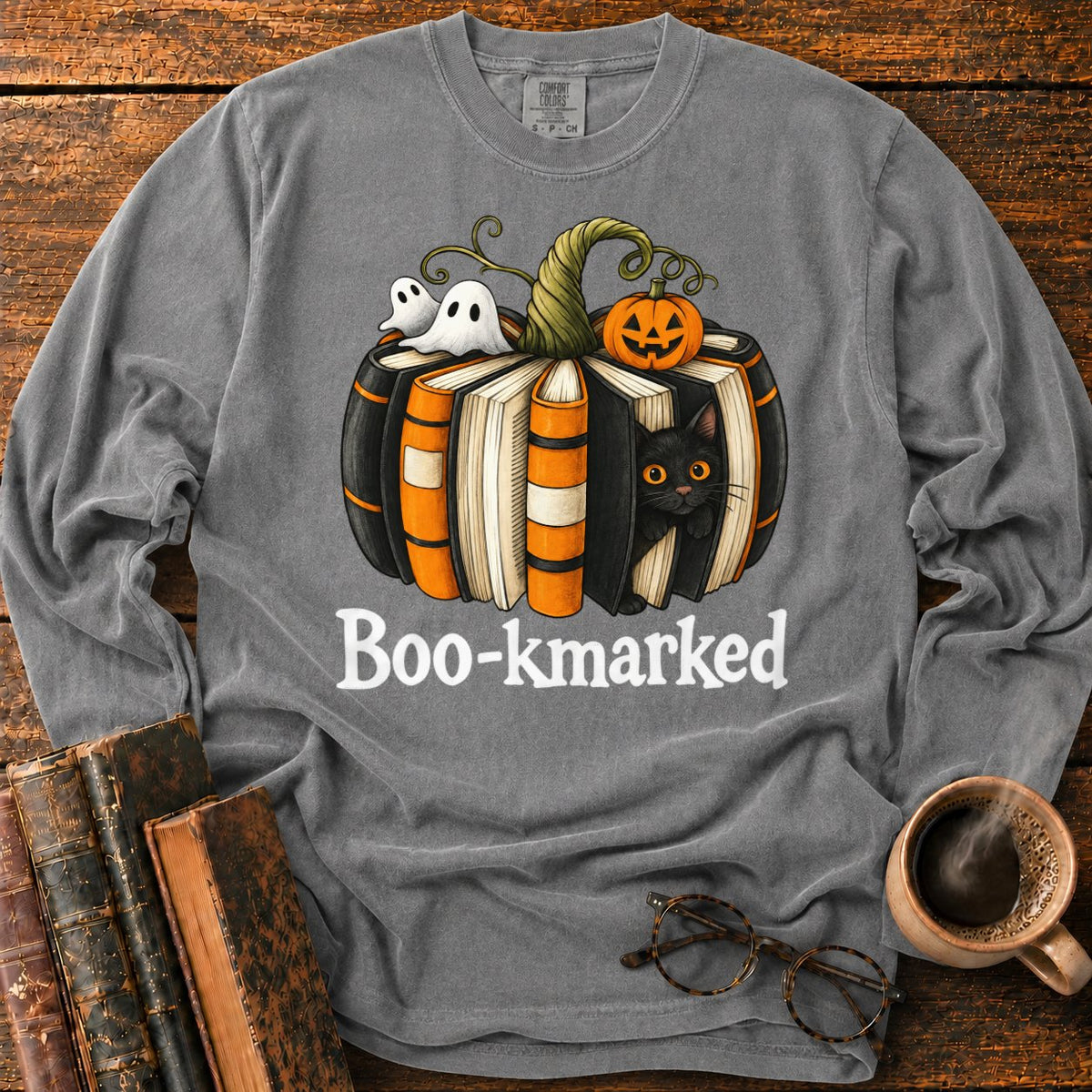 Boo Kmarked Halloween Book Stack LS T-Shirt in Pepper – BooksThreads