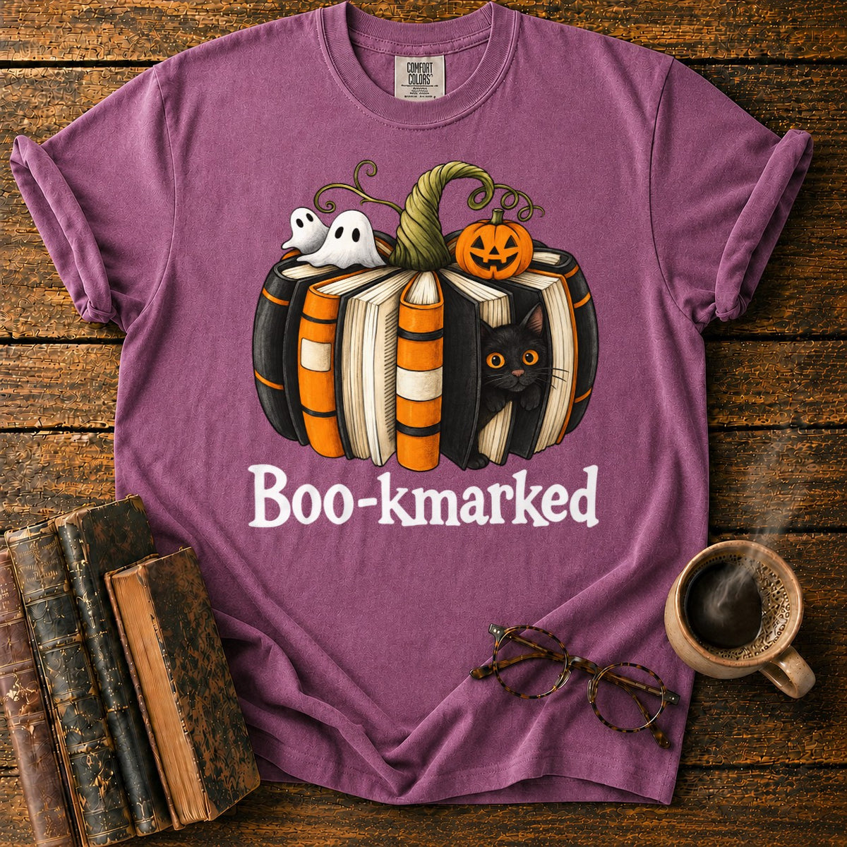 Boo Kmarked Halloween Book Stack T-Shirt in Berry – BooksThreads