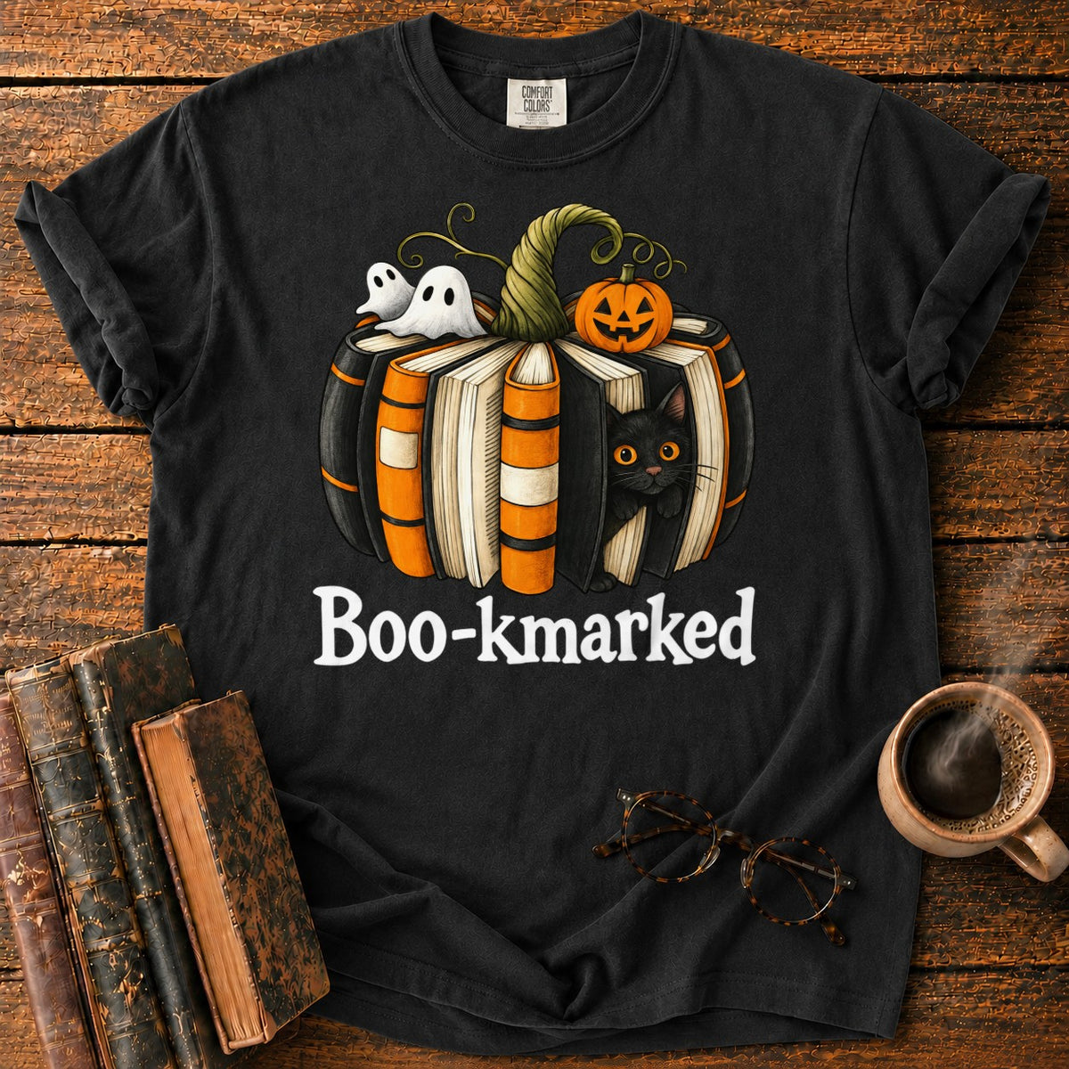Boo Kmarked Halloween Book Stack T-Shirt in Black – BooksThreads