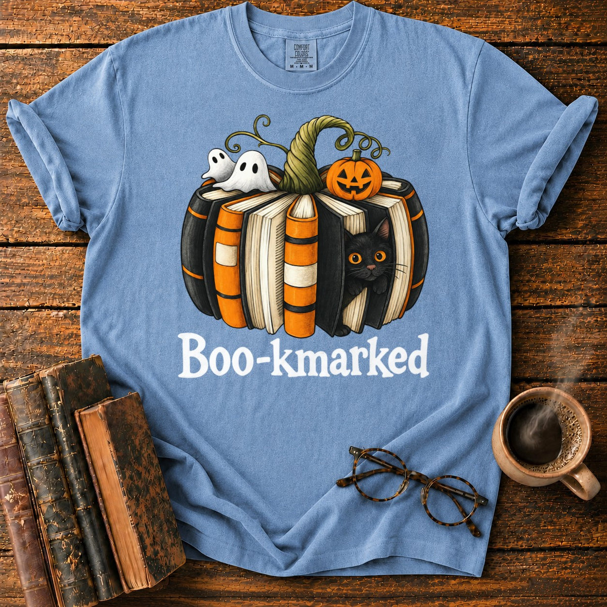 Boo Kmarked Halloween Book Stack T-Shirt in Blue Jean – BooksThreads