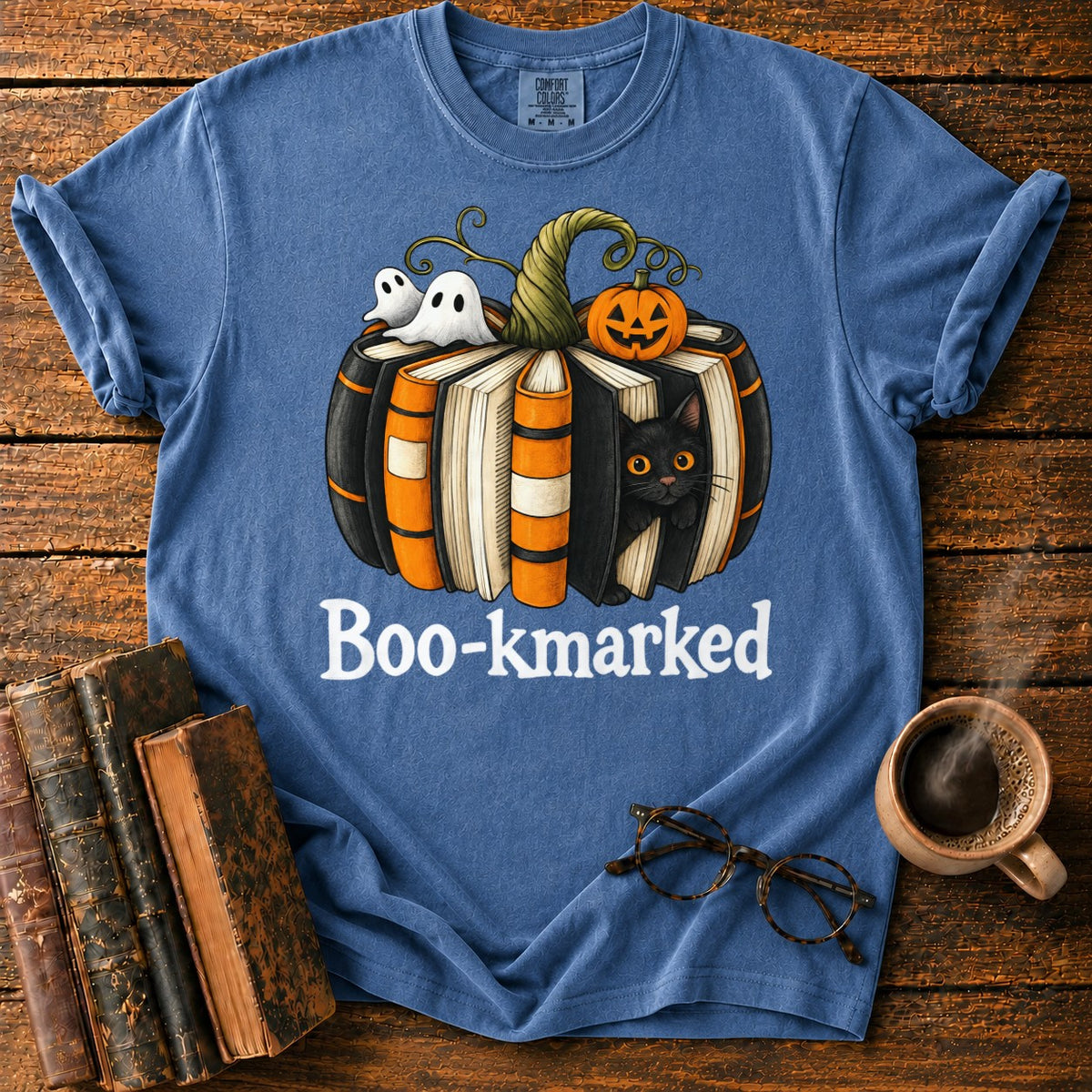 Boo Kmarked Halloween Book Stack T-Shirt in Denim – BooksThreads