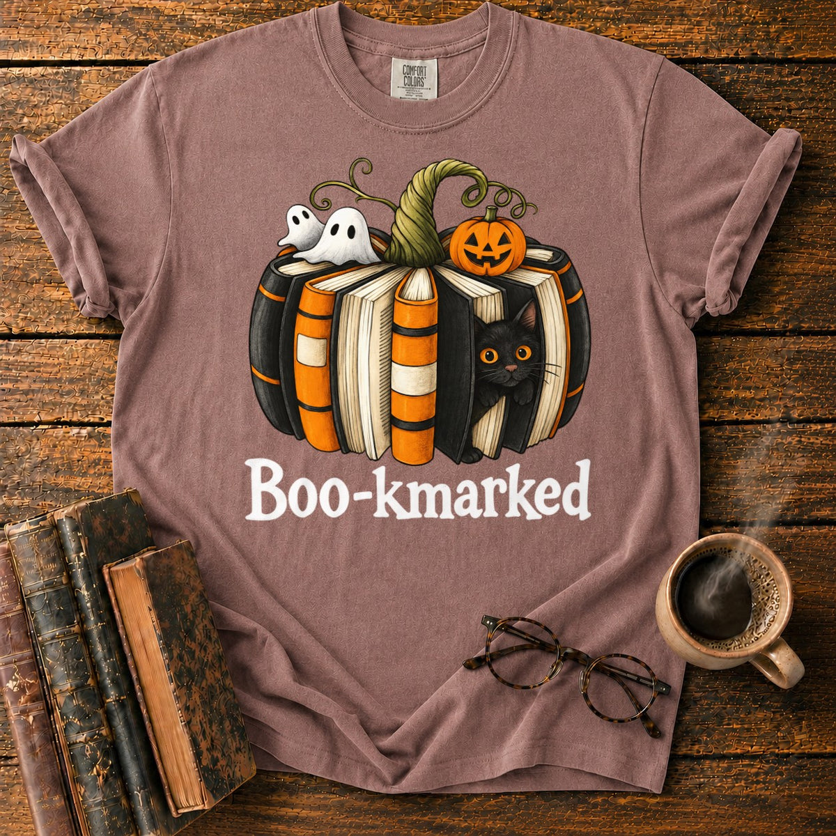 Boo Kmarked Halloween Book Stack T-Shirt in Espresso – BooksThreads