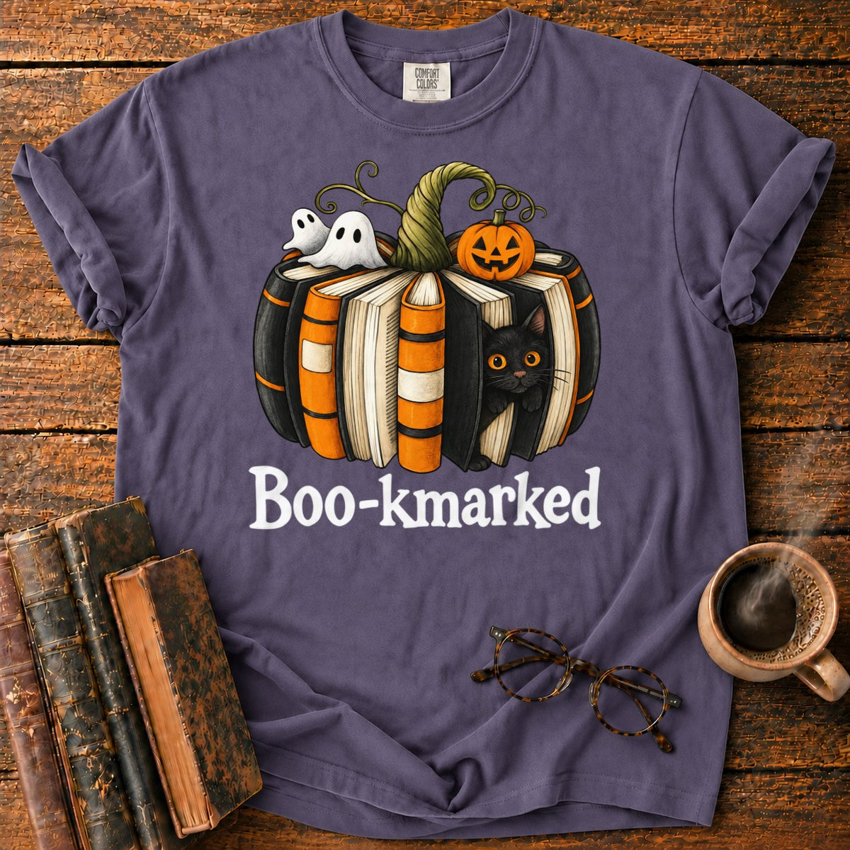 Boo Kmarked Halloween Book Stack T-Shirt in Grape – BooksThreads