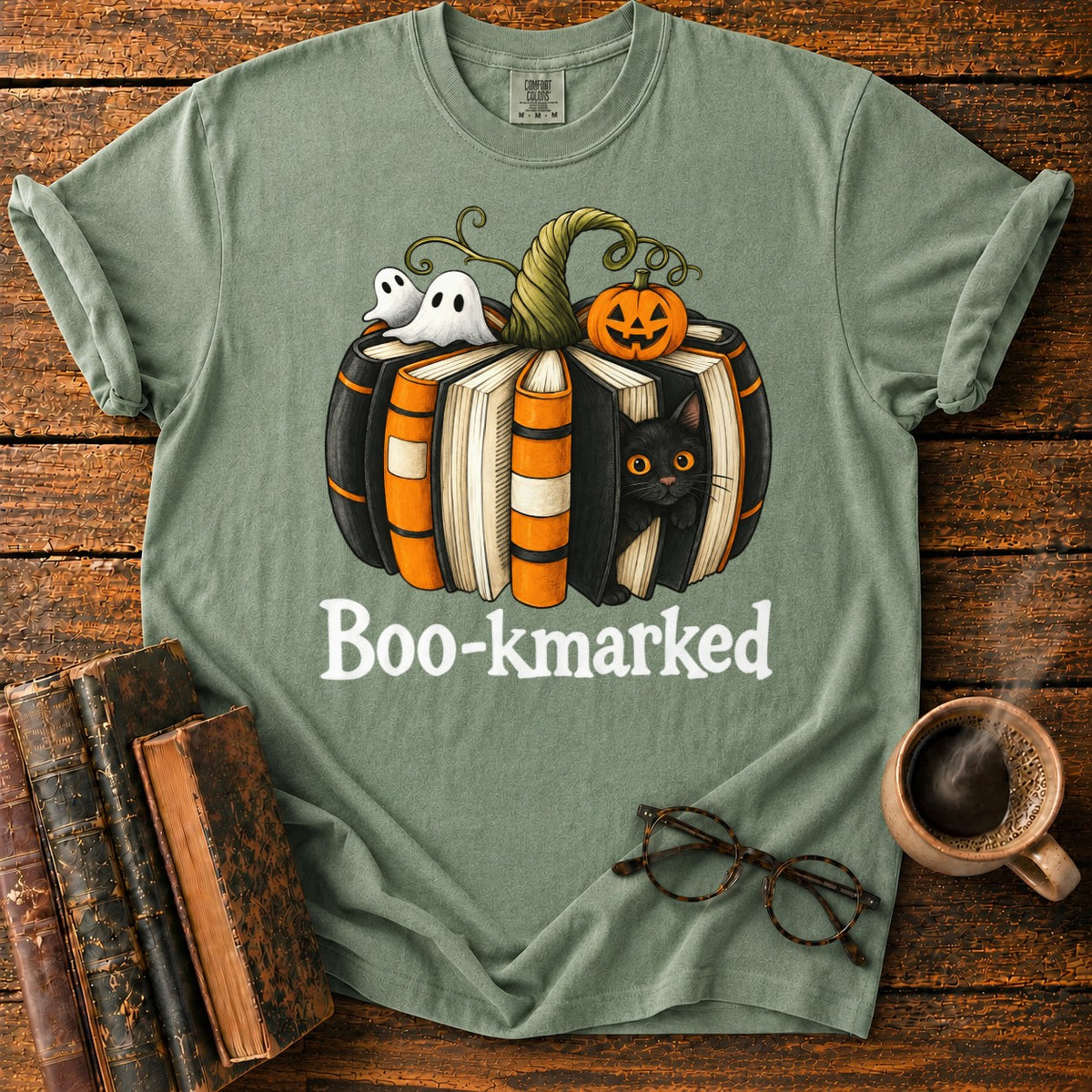 Boo Kmarked Halloween Book Stack T-Shirt in Moss – BooksThreads