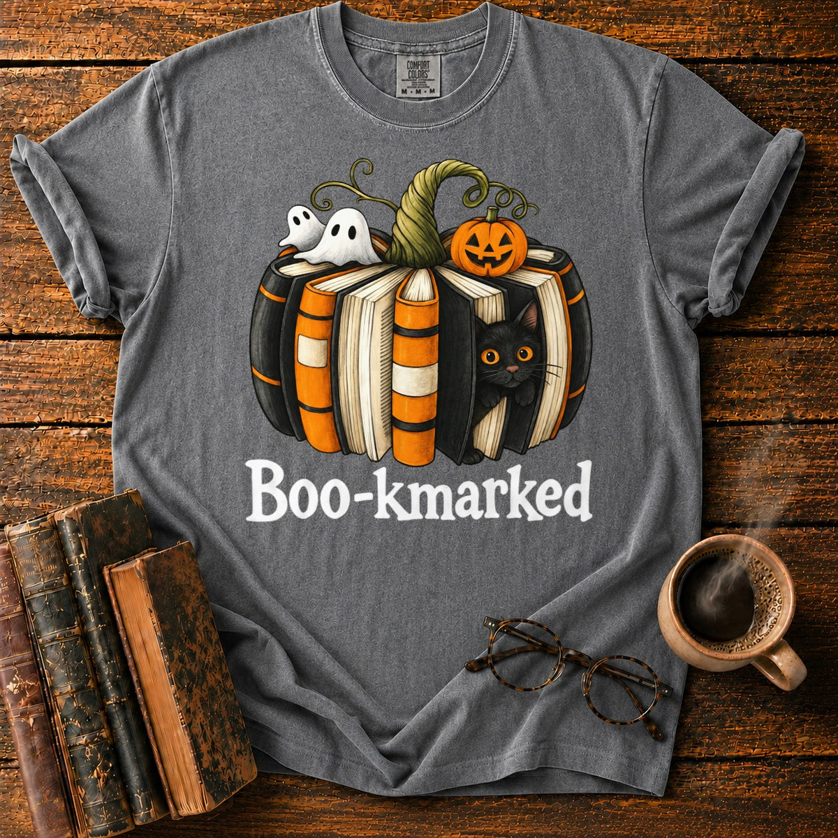 Boo Kmarked Halloween Book Stack T-Shirt in Pepper – BooksThreads