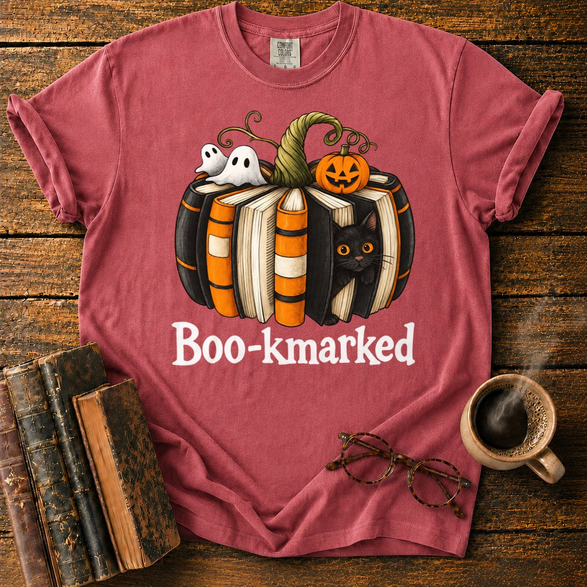 Boo Kmarked Halloween Book Stack T-Shirt in Watermelon – BooksThreads