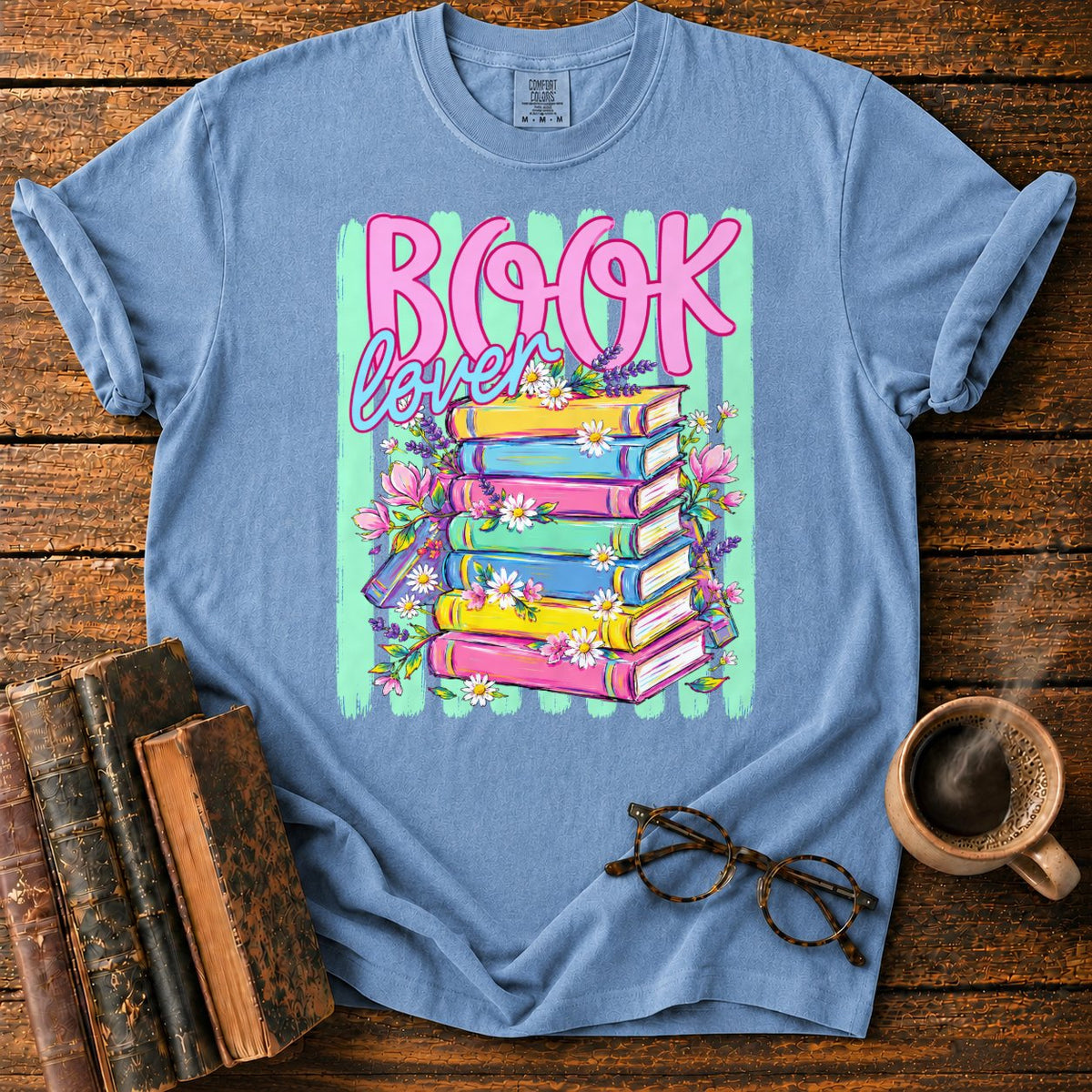 Book Lover Floral Stack T-Shirt in Blue Jean – BooksThreads