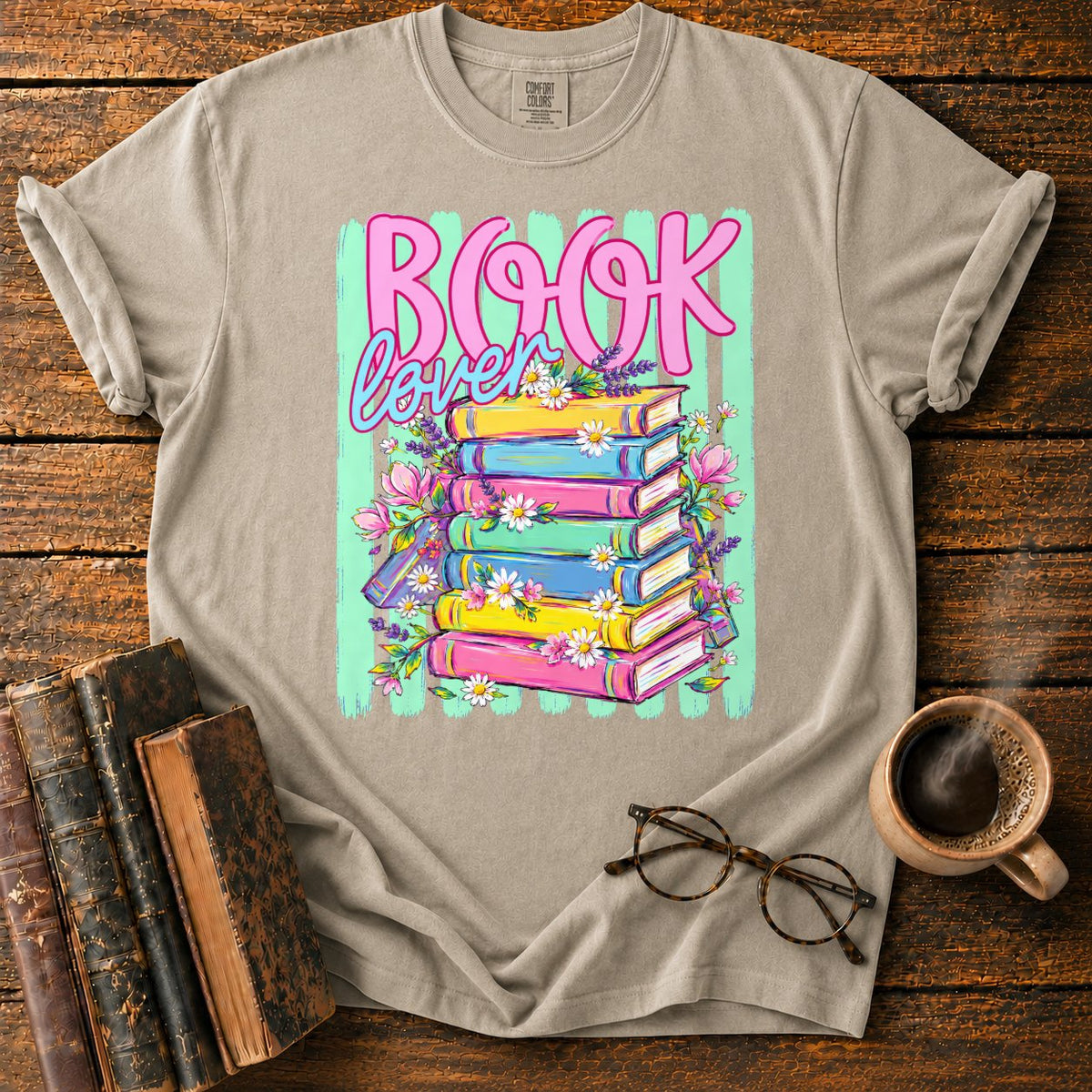 Book Lover Floral Stack T-Shirt in Khaki – BooksThreads