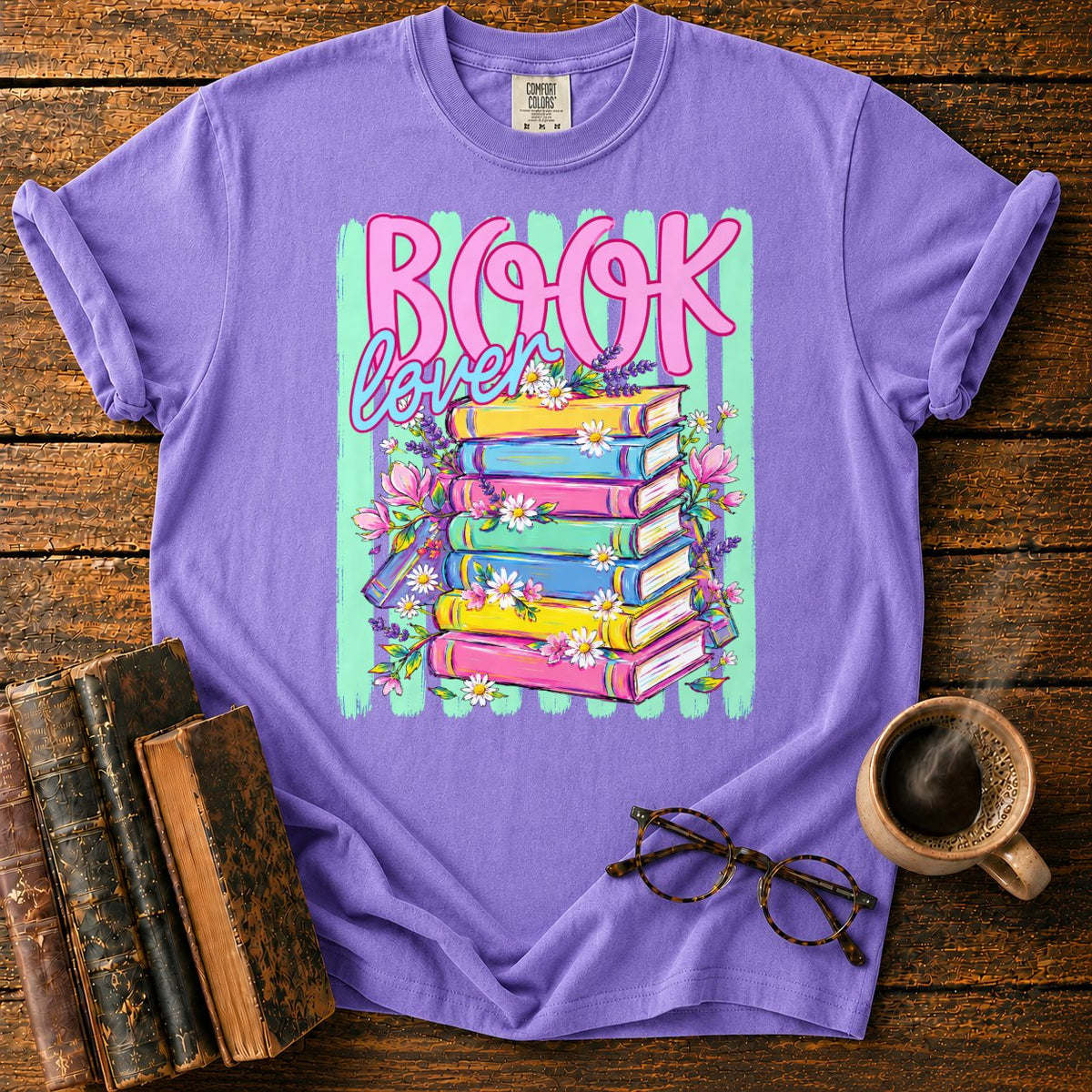 Book Lover Floral Stack T-Shirt in Violet – BooksThreads