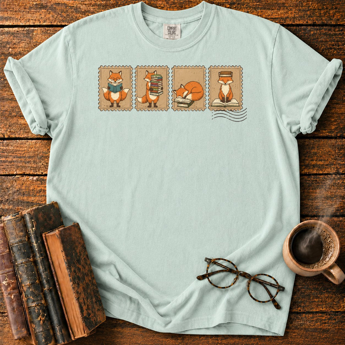 Bookish Foxes Postage Stamps T-Shirt in Bay – BooksThreads