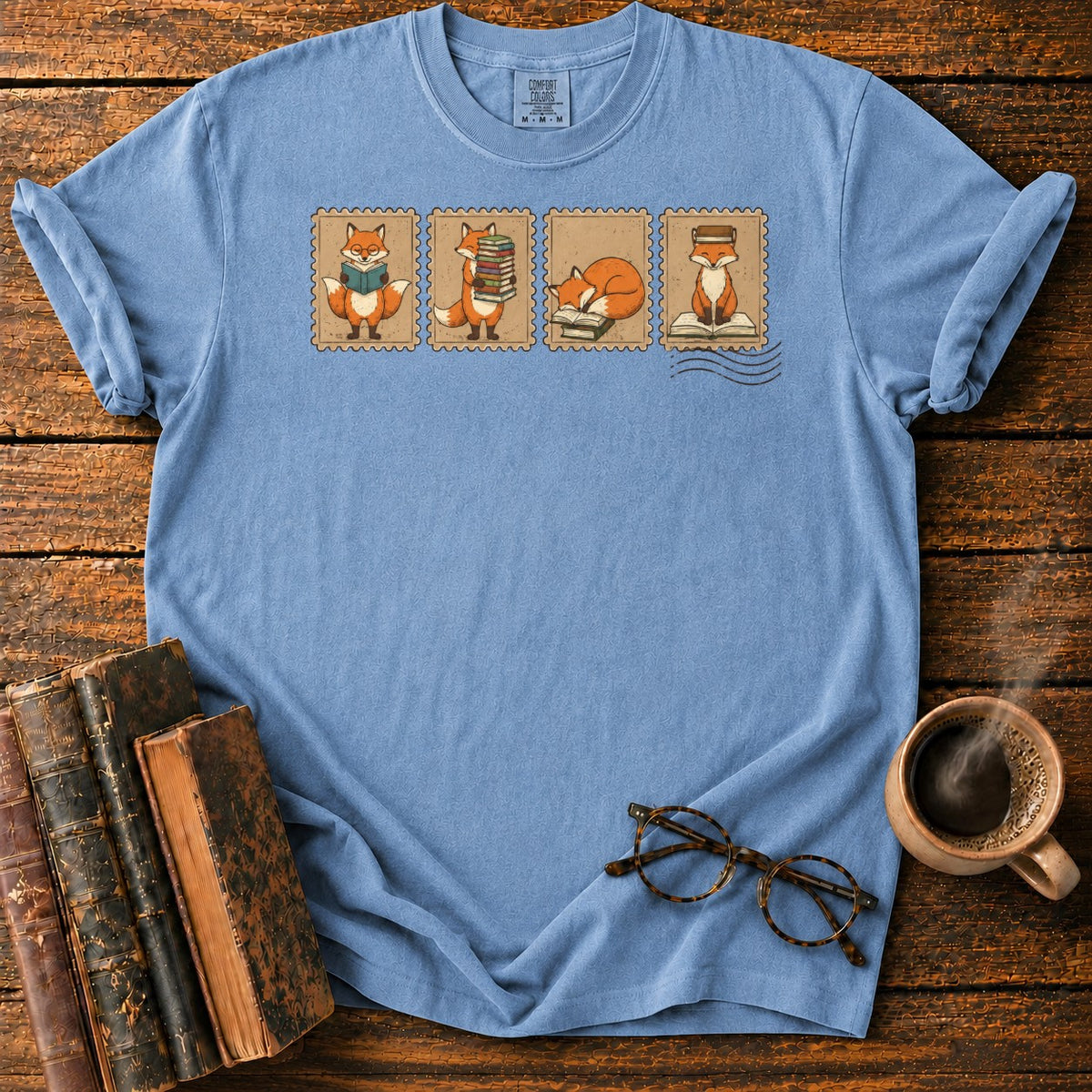 Bookish Foxes Postage Stamps T-Shirt in Blue Jean – BooksThreads