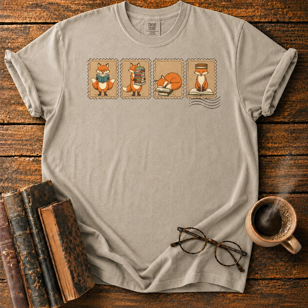 Bookish Foxes Postage Stamps T-Shirt in Khaki – BooksThreads