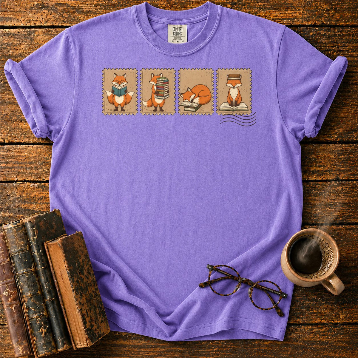 Bookish Foxes Postage Stamps T-Shirt in Violet – BooksThreads