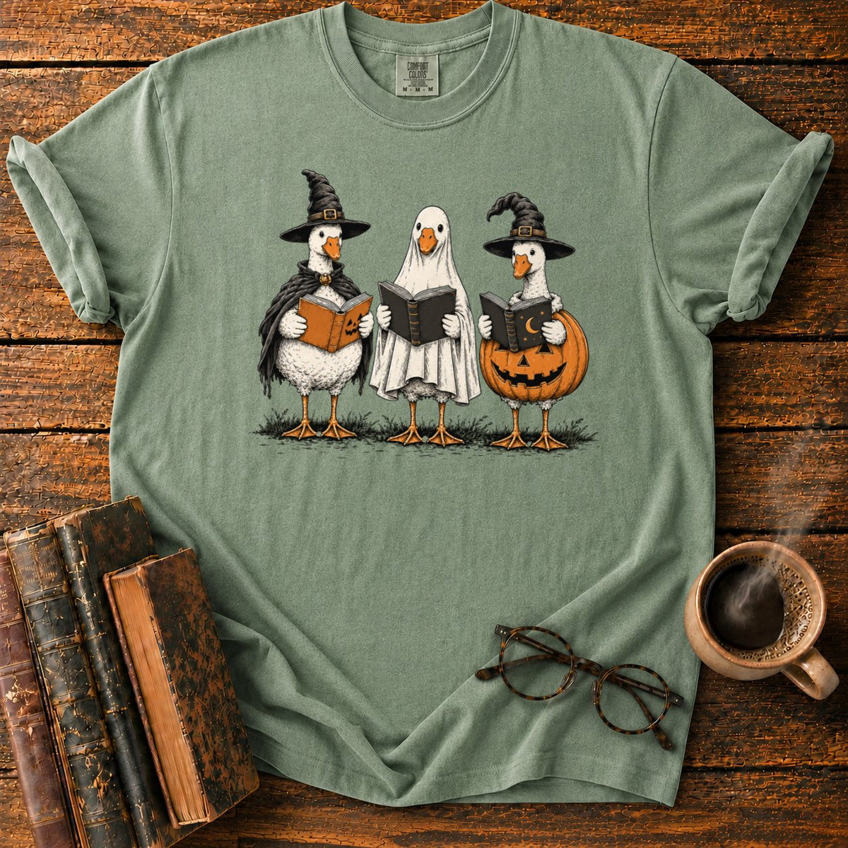 Bookish Halloween Geese T-Shirt in Moss – BooksThreads
